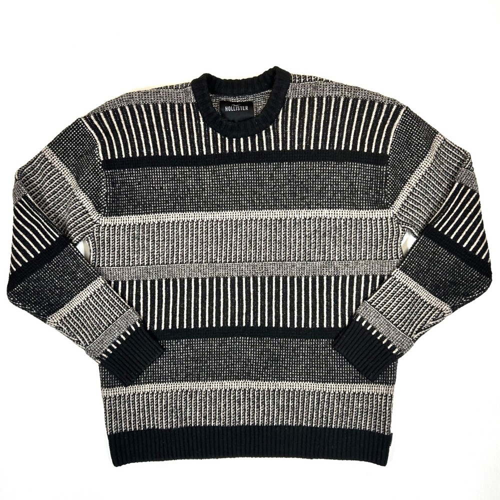 Hollister Mens Crewneck Sweater XL Black Grey Multi Stripe Knit Geometric